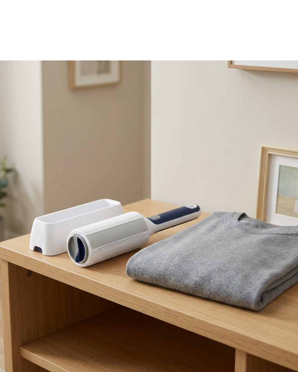 Wunfa Self-Cleaning Reusable Lint Roller with Base Navy Gray - Lifestyle view