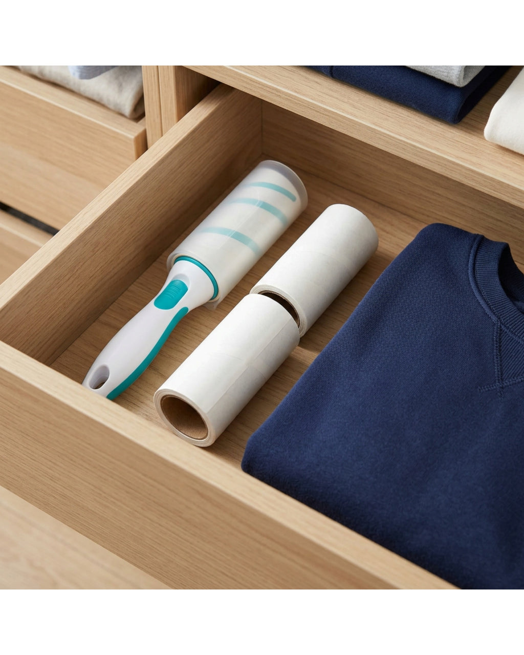 Wunfa Spiral-Cut Adhesive Lint Roller 60 Sheets with Two Refills White Teal - Lifestyle view